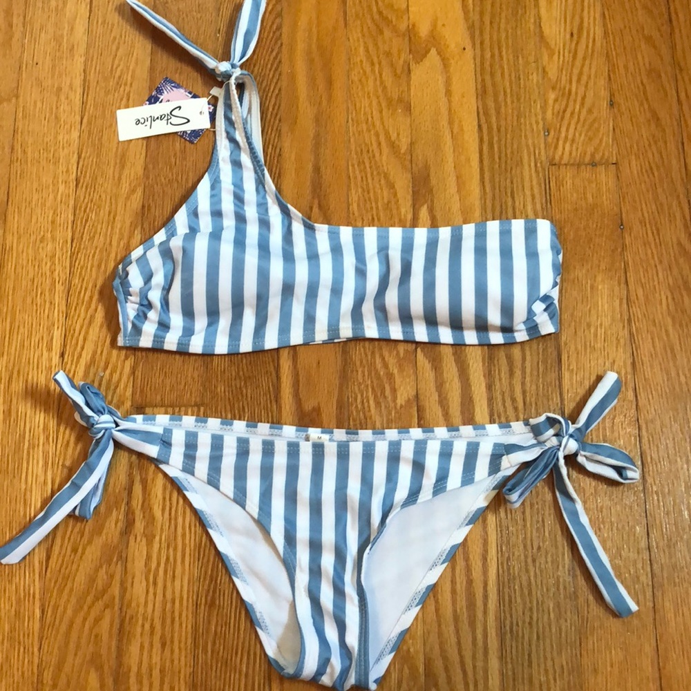 One shoulder Pin striped bikini